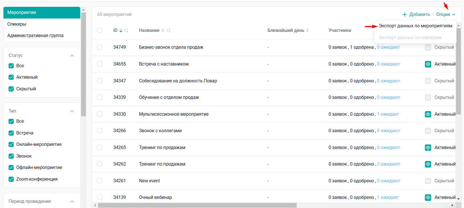 Экспорт данных по мероприятиям Экспорт данных по мероприятиям