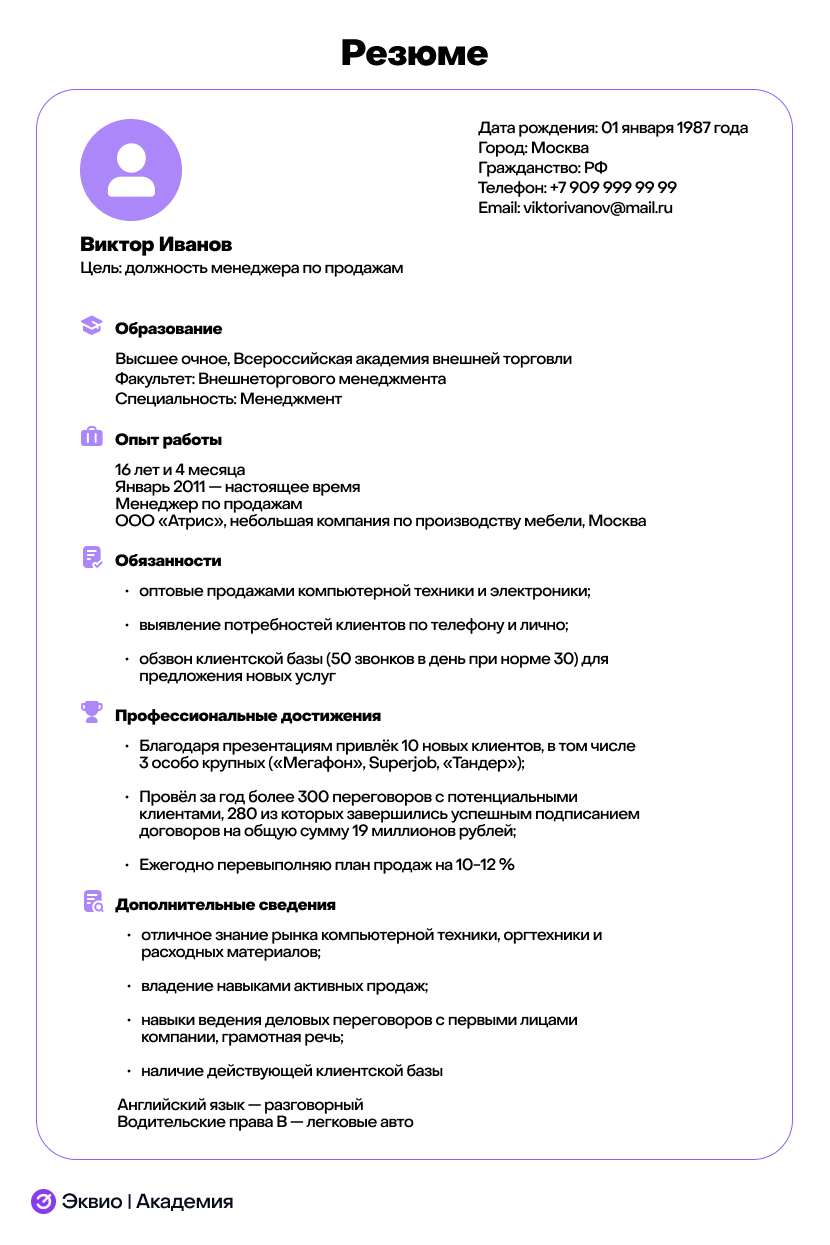 Пример правильно оформленного резюме Пример правильно оформленного резюме